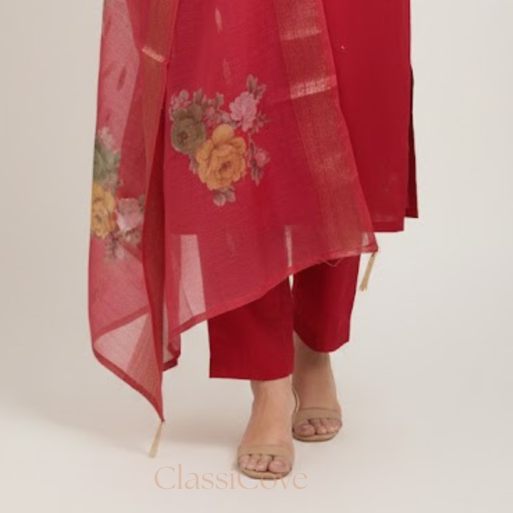 ClassiCove™ Women Garnet Red Roman Silk Handcrafted Knot-Work Kurta Set with Digital Print Silk Dupatt Desi Hands