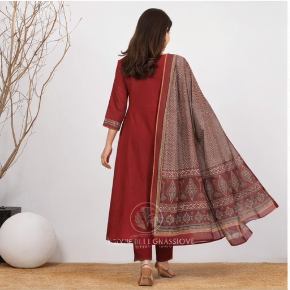 ClassiCove™ | Maroon A-Line Embroidered Punjabi Suit with Pockets Desi Hands