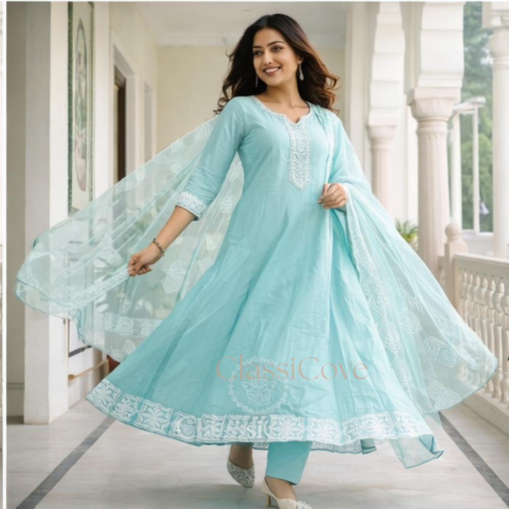 ClassiCove Women Seafoam Green Resham Work Anarkali Kurta with Trousers & Cut-Work Organza Dupatta Desi Hands