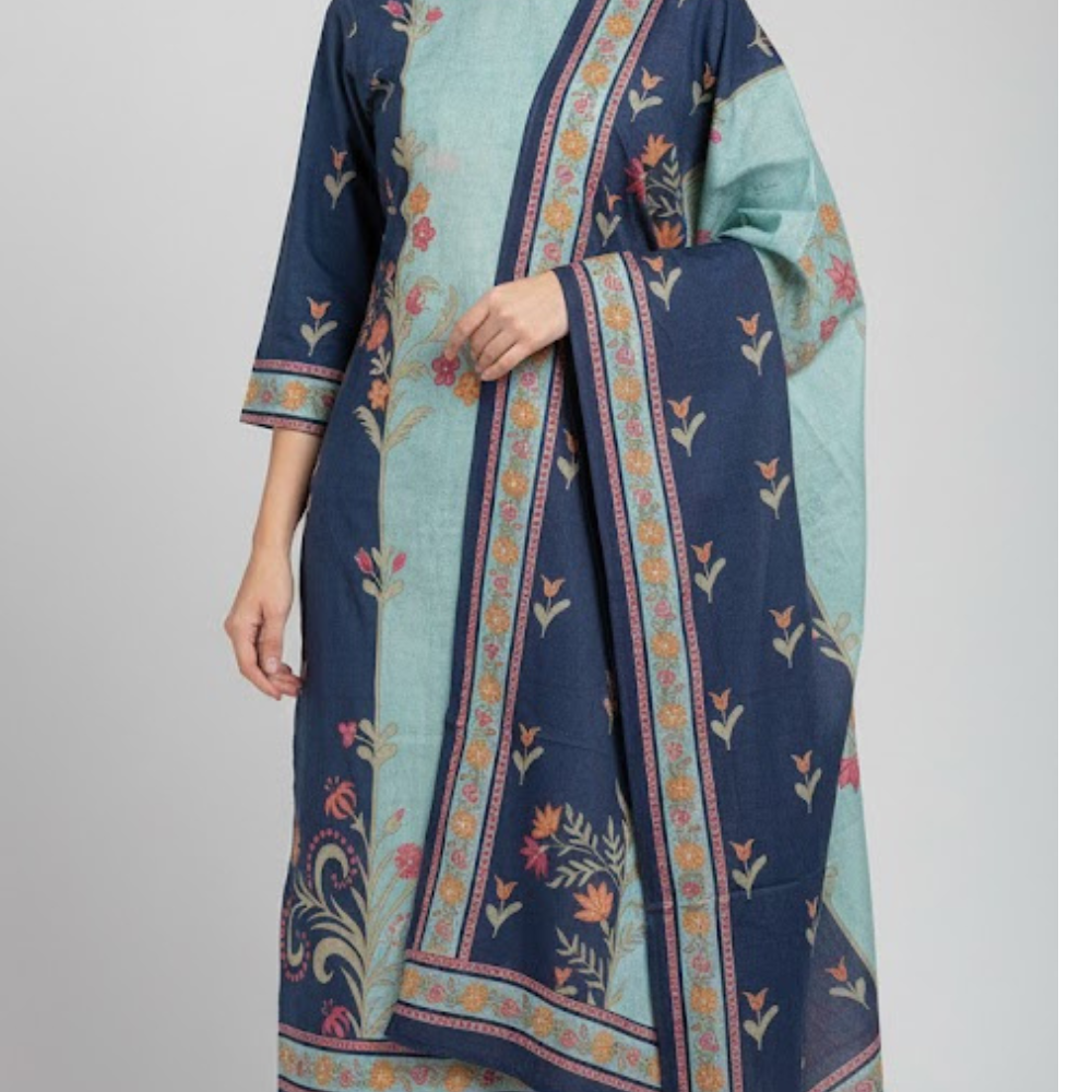 ClassiCove Women Teal Blue & Navy Cotton Printed Kurta Set with Dupatta Desi Hands
