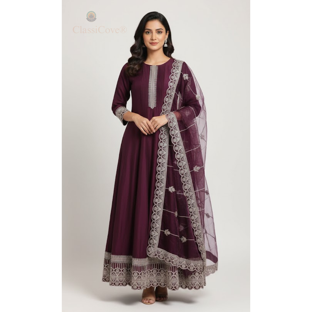 ClassiCove™ Mulberry Wine Anarkali Set in Organic Kala Cotton with Hand-Embroidered Cut-Work & Organza Dupatta Desi Hands