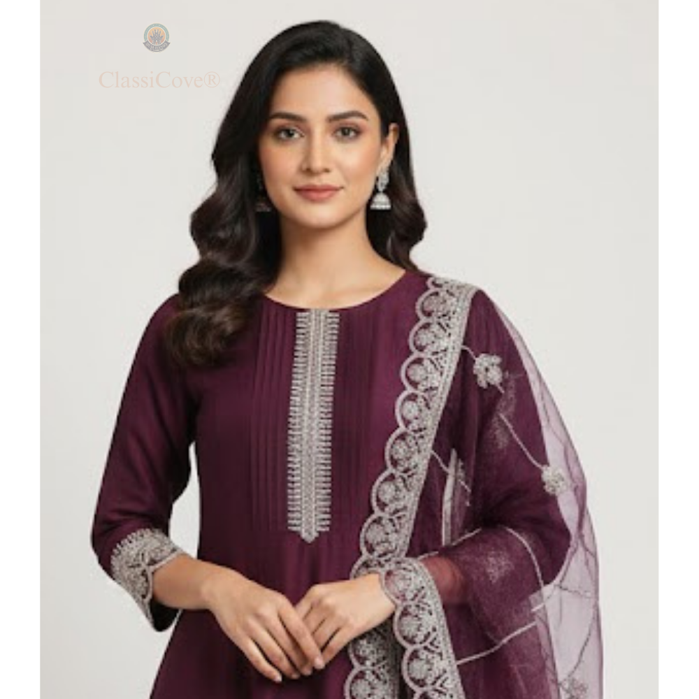 ClassiCove™ Mulberry Wine Anarkali Set in Organic Kala Cotton with Hand-Embroidered Cut-Work & Organza Dupatta Desi Hands