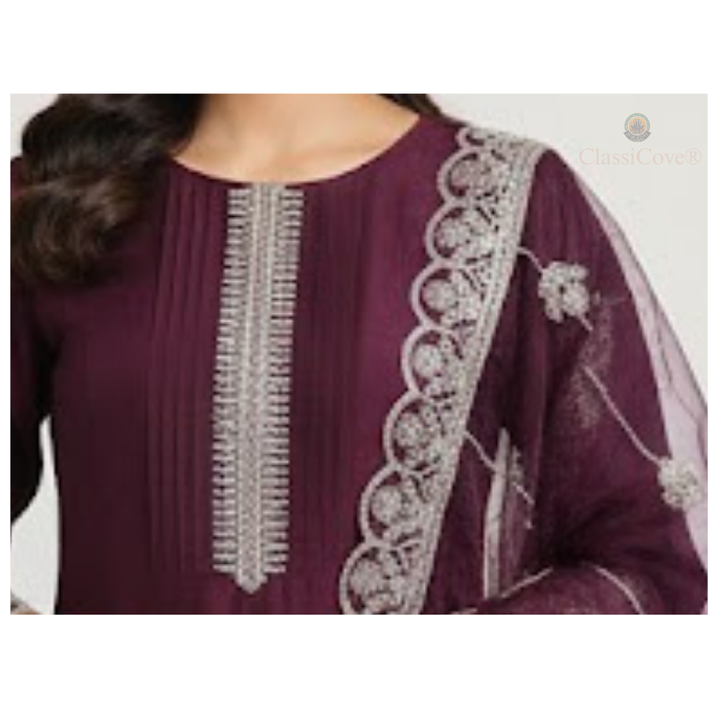 ClassiCove™ Mulberry Wine Anarkali Set in Organic Kala Cotton with Hand-Embroidered Cut-Work & Organza Dupatta Desi Hands
