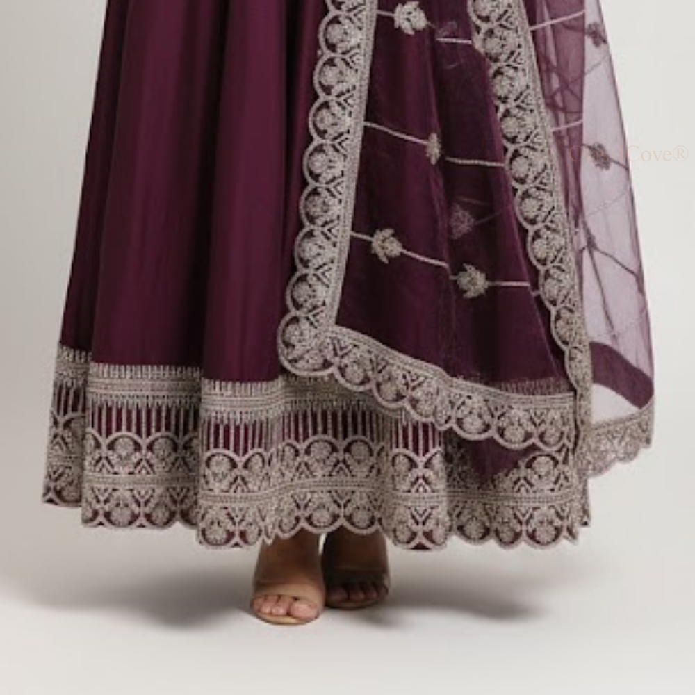 ClassiCove™ Mulberry Wine Anarkali Set in Organic Kala Cotton with Hand-Embroidered Cut-Work & Organza Dupatta Desi Hands