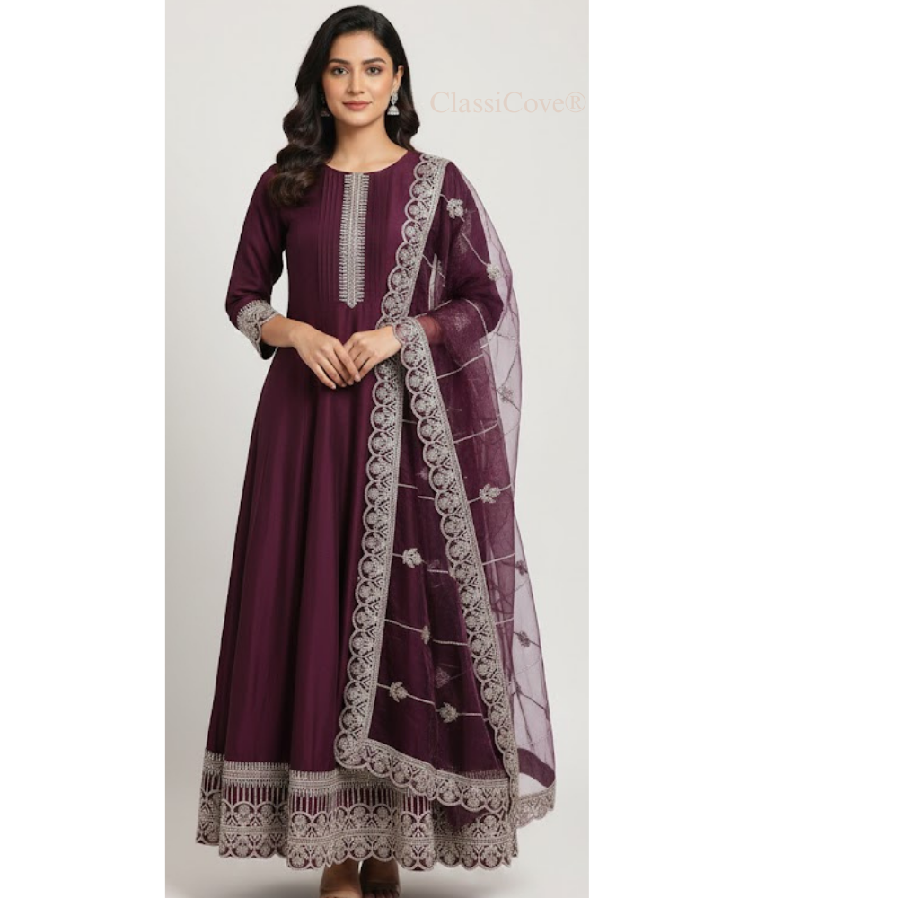 ClassiCove™ Mulberry Wine Anarkali Set in Organic Kala Cotton with Hand-Embroidered Cut-Work & Organza Dupatta Desi Hands