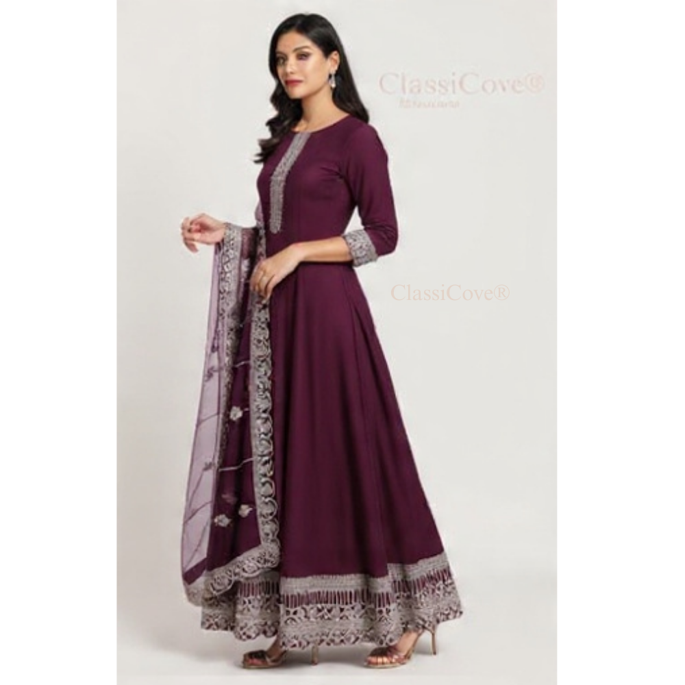ClassiCove™ Mulberry Wine Anarkali Set in Organic Kala Cotton with Hand-Embroidered Cut-Work & Organza Dupatta Desi Hands