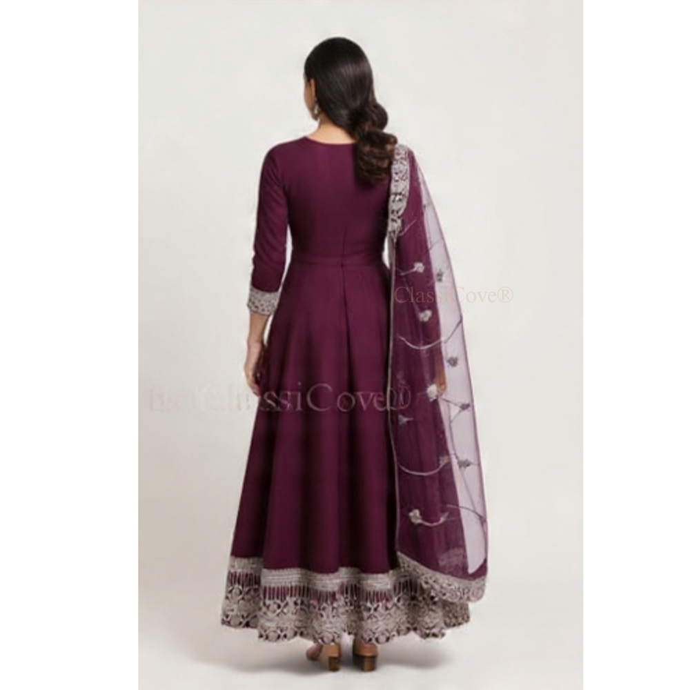 ClassiCove™ Mulberry Wine Anarkali Set in Organic Kala Cotton with Hand-Embroidered Cut-Work & Organza Dupatta Desi Hands
