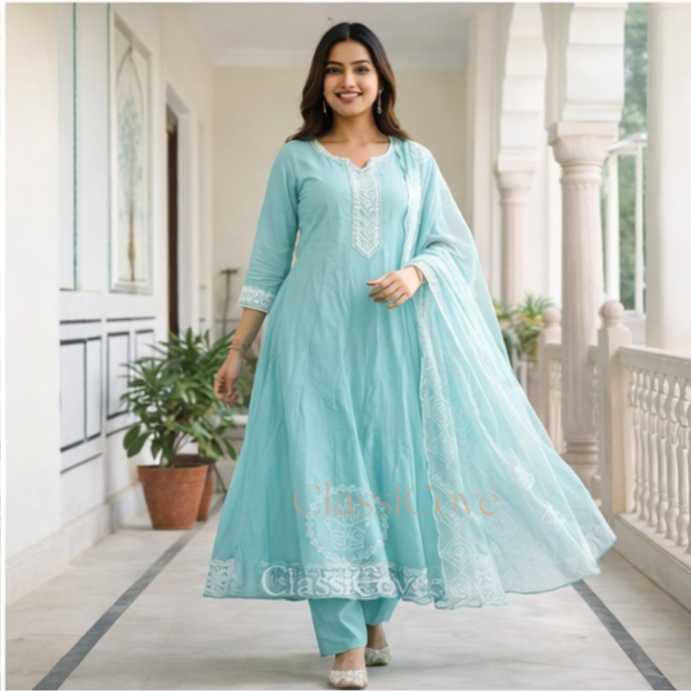 ClassiCove Women Seafoam Green Resham Work Anarkali Kurta with Trousers & Cut-Work Organza Dupatta Desi Hands