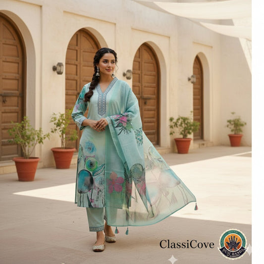 ClassiCove Sea Green Cotton Suit with Mal-Cotton Dupatta Desi Hands