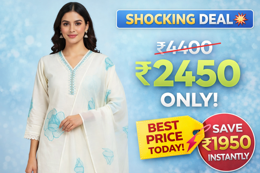 Classicove Ivory White A-Line Cotton Suit with Sky Blue Lace Work & Hand-Embroidered V-Neck