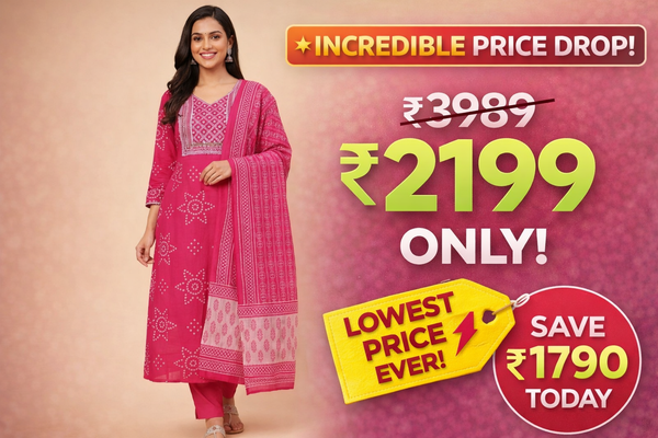 Classicove Rani Pink Bandhani Cotton Anarkali Suit with Malcotton Dupatta & Pant-Style Bottom