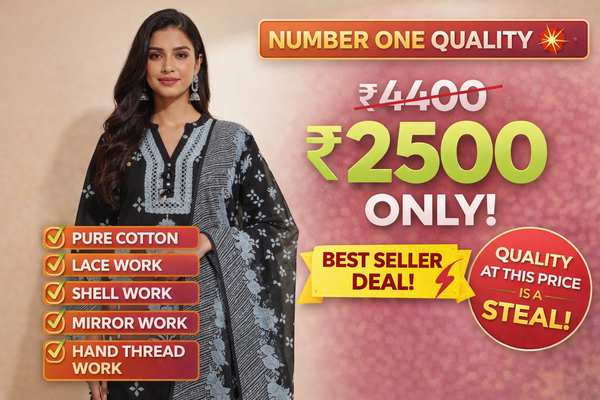 Classicove Midnight Black Cotton Suit with Blue Lace, Shell Work & Block Printed Farshi Salwar