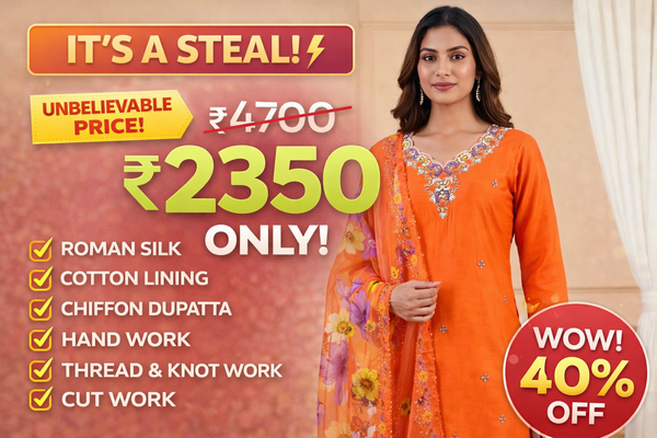 Classicove Tangerine Orange Cotton Straight Suit with Hand-Embroidered V-Neck & Floral Malcotton Dupatta
