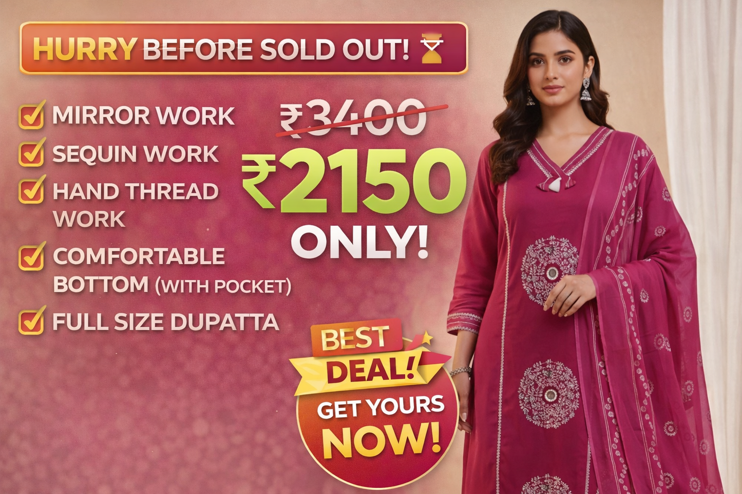 ClassiCove Pink Cotton Mirror Work Block Print Kurta Pant Dupatta Set