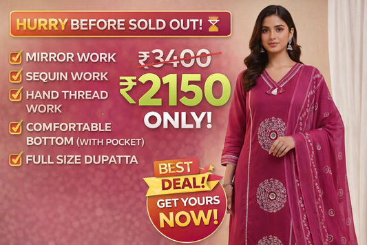 ClassiCove Pink Cotton Mirror Work Block Print Kurta Pant Dupatta Set