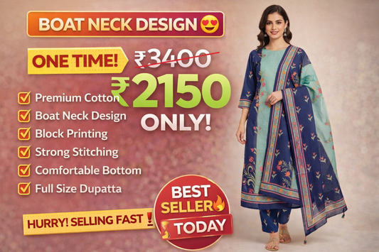 ClassiCove Women Teal Blue & Navy Cotton Printed Kurta Set with Dupatta