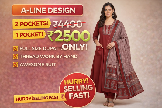 ClassiCove™ | Maroon A-Line Embroidered Punjabi Suit with Pockets