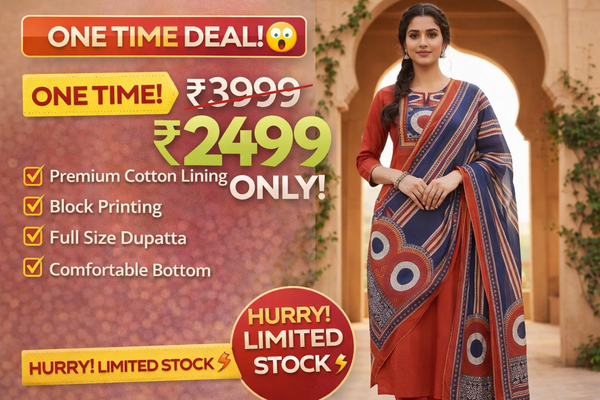 Classicove Rust Orange Cotton Straight Suit with Intricate Handwork & Block Printed Malcotton Dupatta