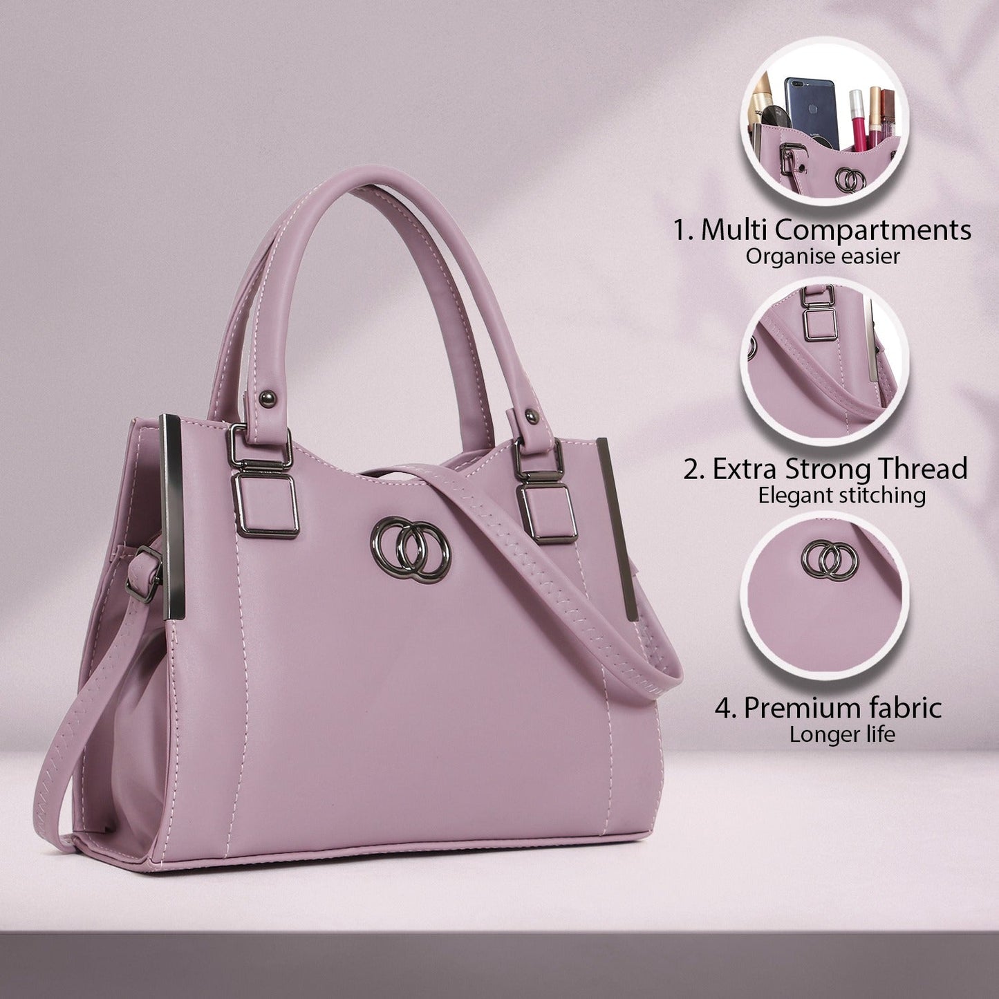 Classicove Lilac Handbag with Multi Compartments and Elegant Metal Detailing Desi Hands