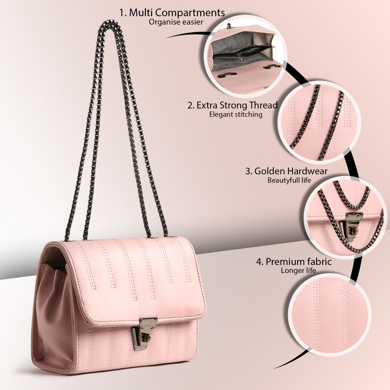Classicove Chic Pink Chain Shoulder Bag with Multi-Compartments Desi Hands