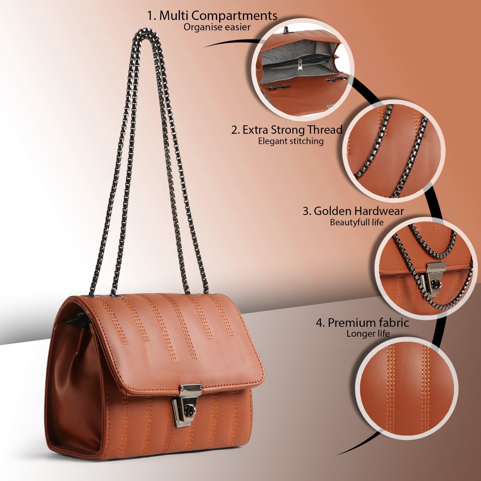 Classicove Tan Charm Shoulder Bag with Chain Strap & Elegant Stitching Desi Hands