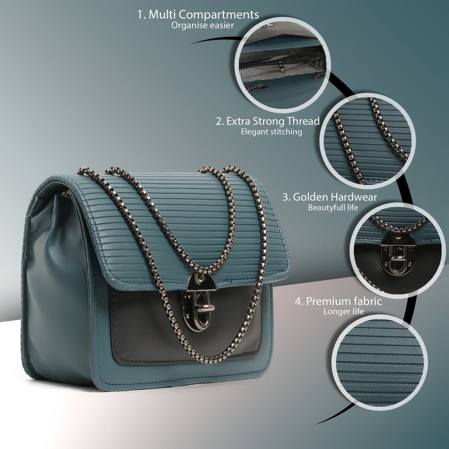 Classicove Teal Chain Shoulder Bag with Multi Compartments Desi Hands