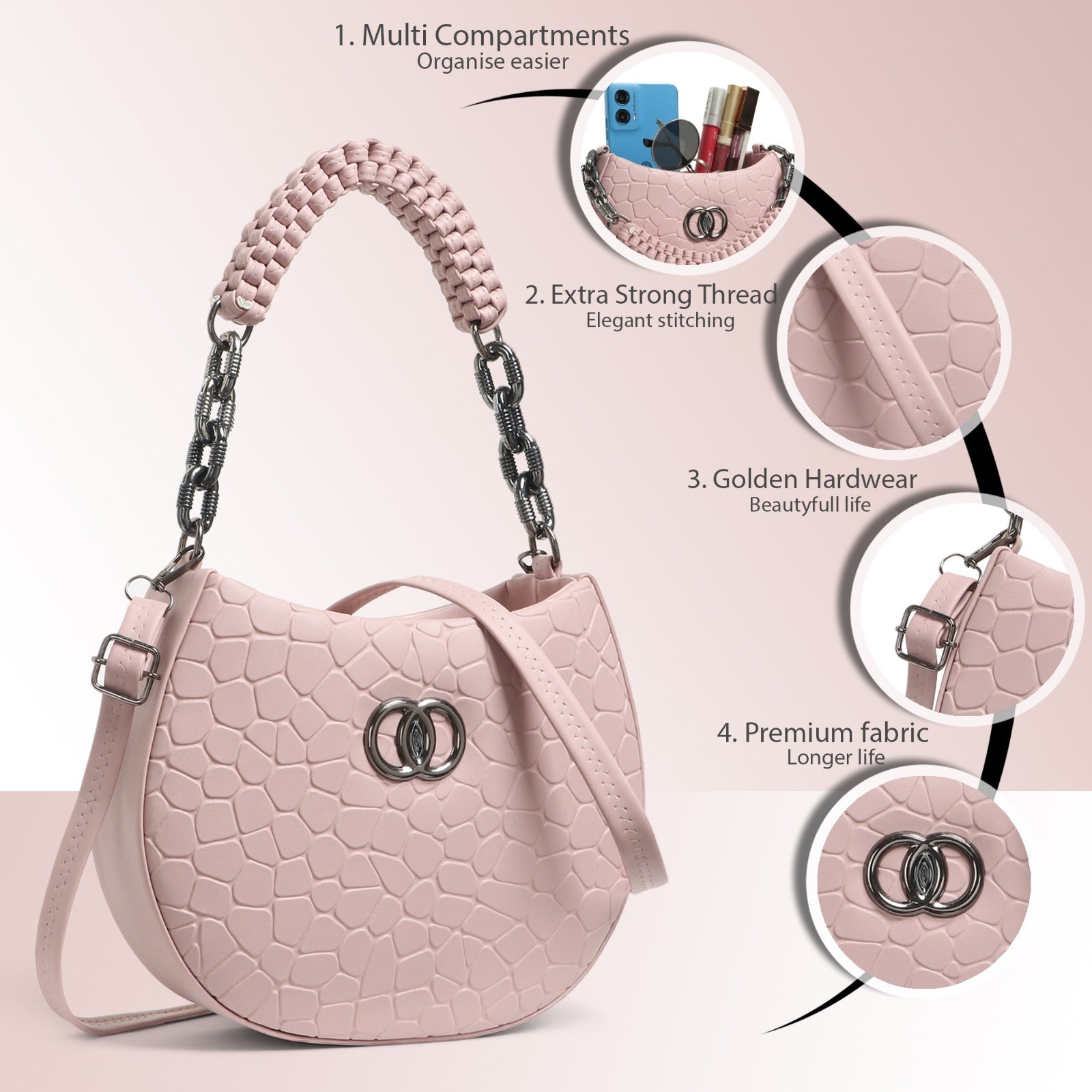 Classicove Pink Textured Shoulder Bag with Premium Fabric & Golden Hardware Desi Hands