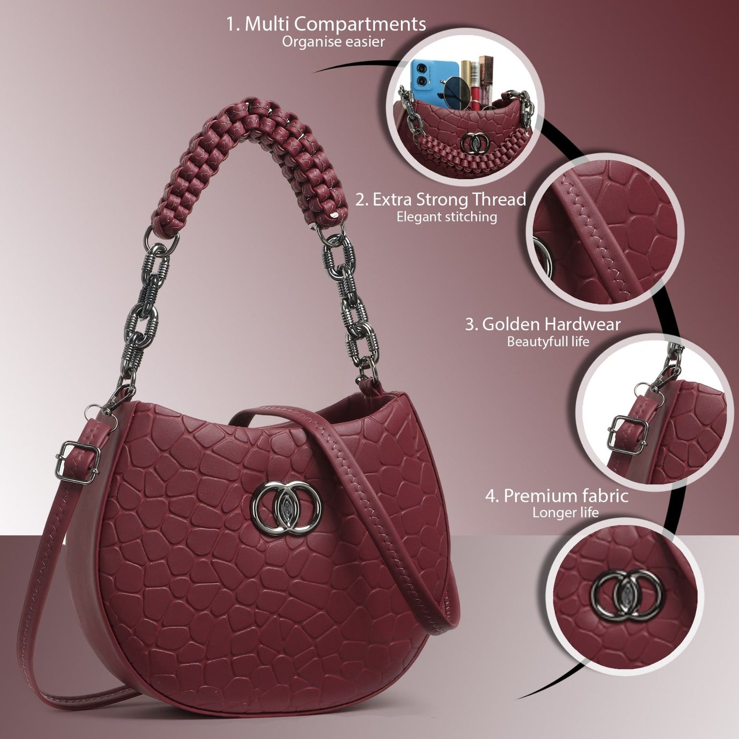 Classicove Maroon Textured Handbag – Premium Fabric with Multi Compartments Desi Hands