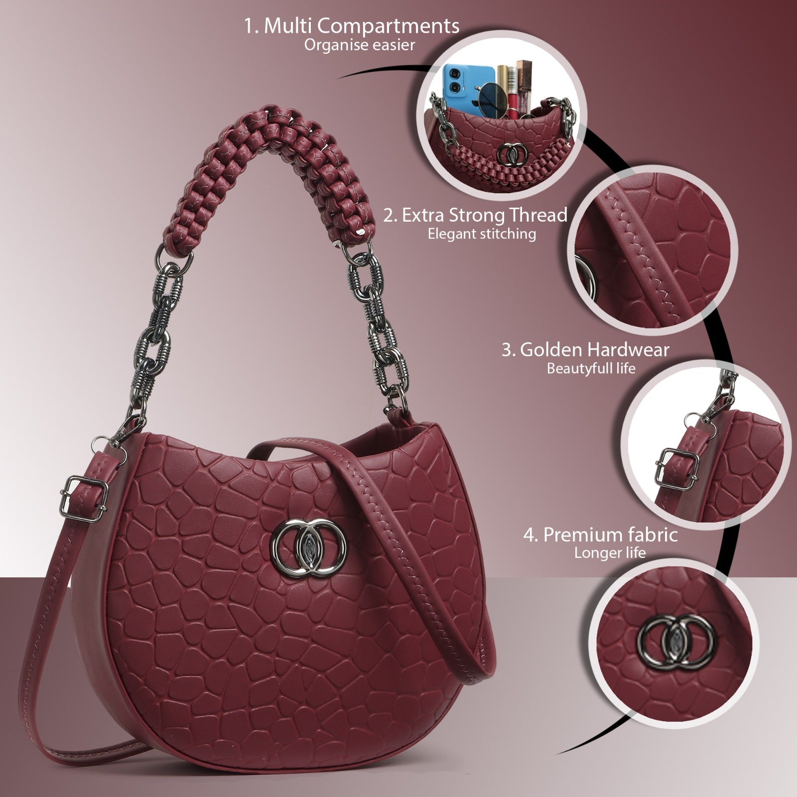 Classicove Maroon Textured Handbag – Premium Fabric with Multi Compartments Desi Hands