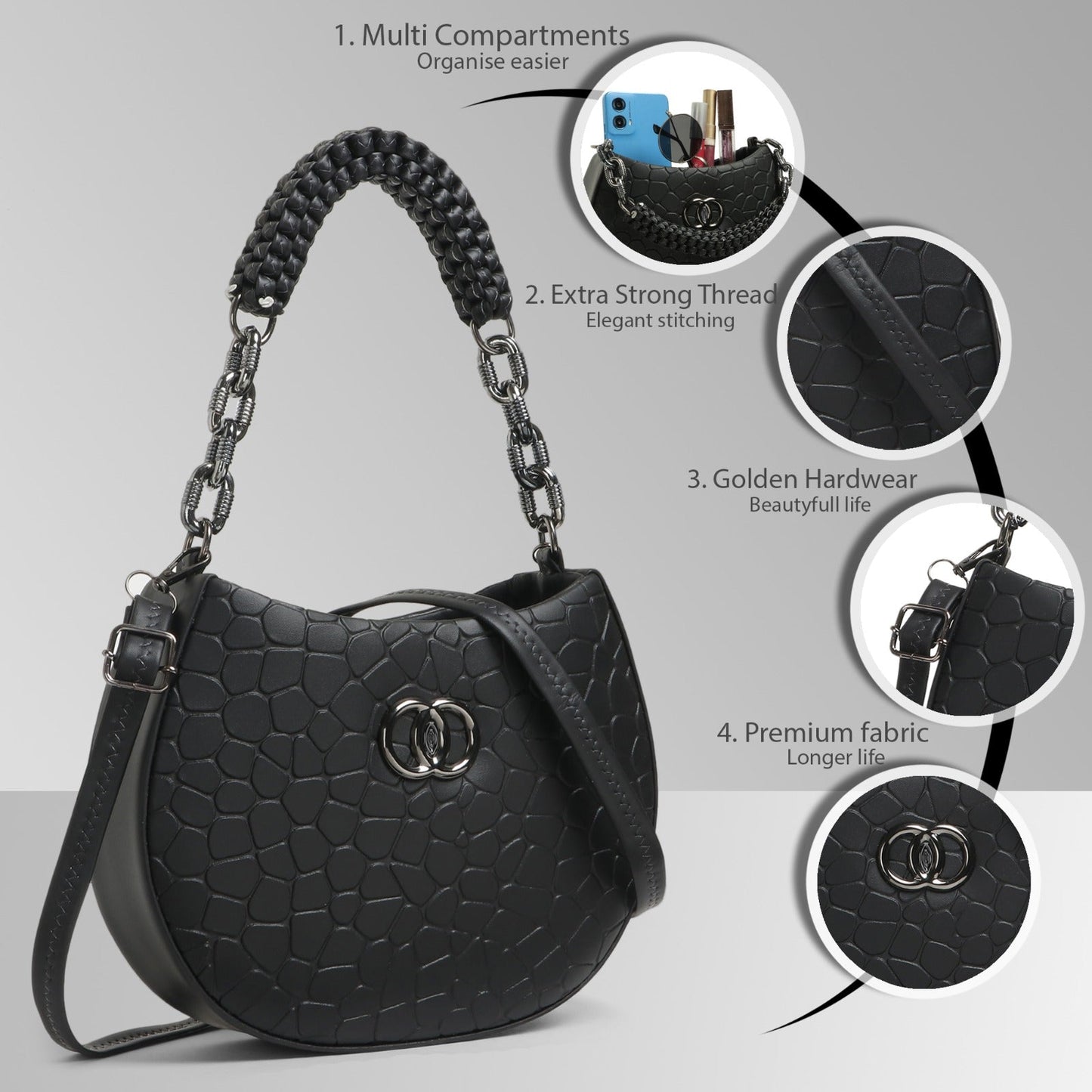 Classicove Black Textured Shoulder Bag with Braided Handle Desi Hands