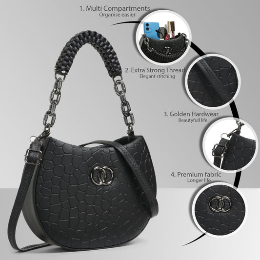 Classicove Black Textured Shoulder Bag with Braided Handle Desi Hands