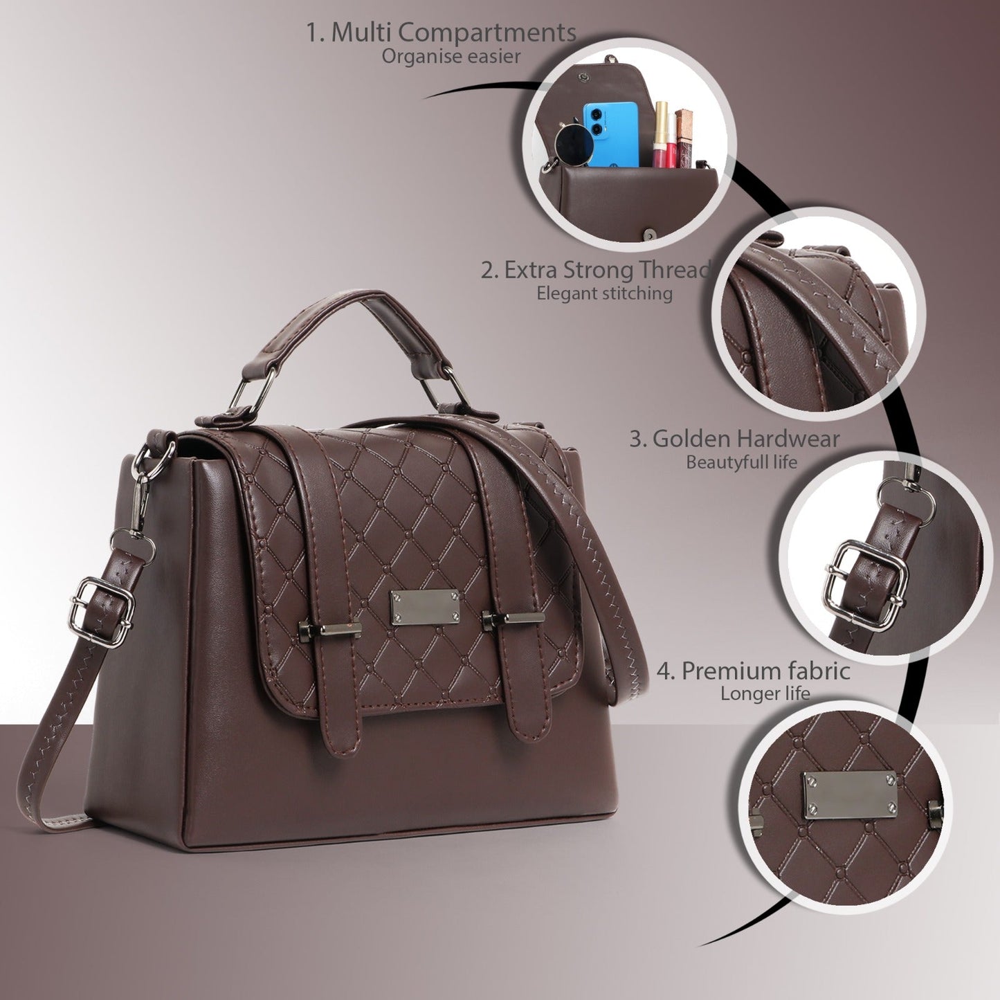 Elegant Multi-Compartment Brown Leather Handbag for Women by Classicove Desi Hands