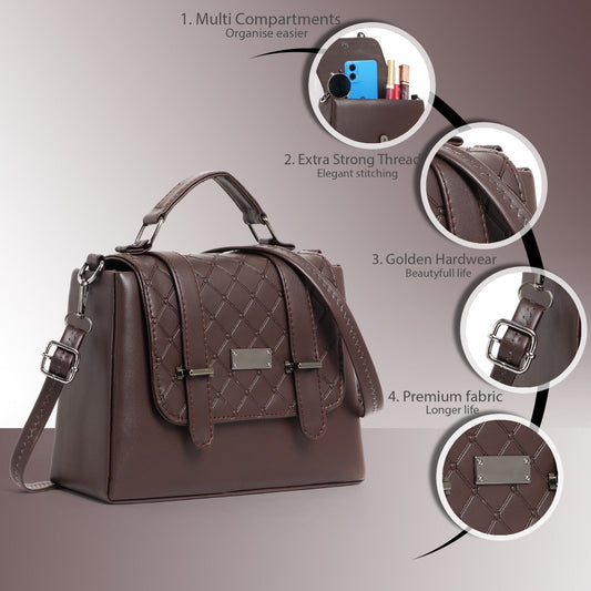 Elegant Multi-Compartment Brown Leather Handbag for Women by Classicove Desi Hands