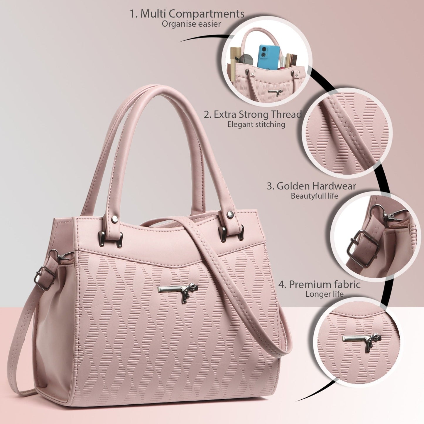 Classicove Elegant Pink Handbag with Multi-Compartments for Women Desi Hands
