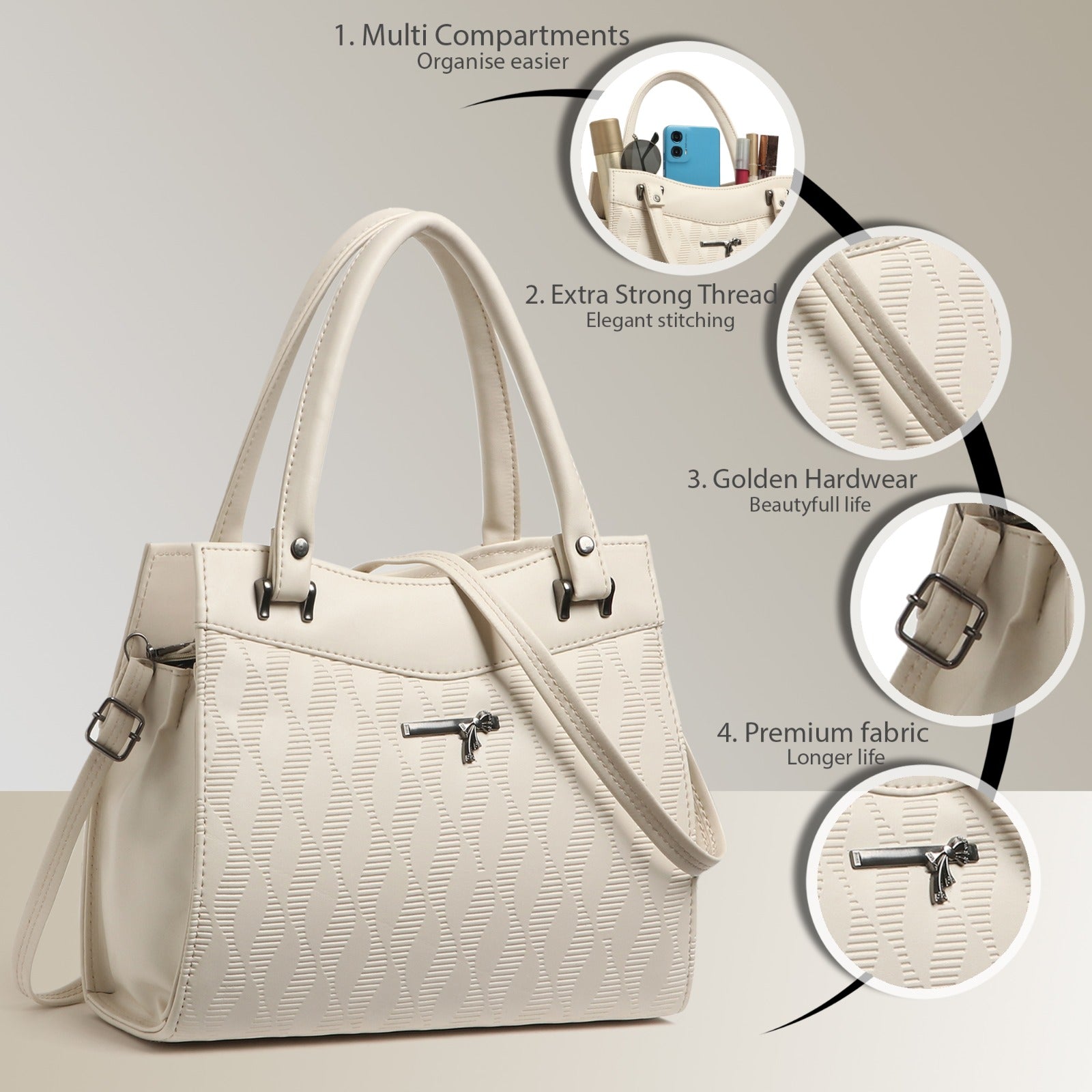 Classicove Elegant Cream Textured Handbag with Premium Fabric & Golden Hardware Desi Hands