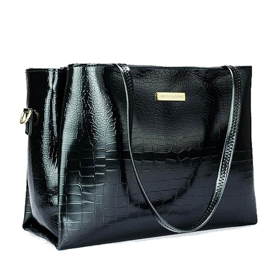 Classicove Black Croc-Textured Tote Bag with Spacious Compartments Desi Hands