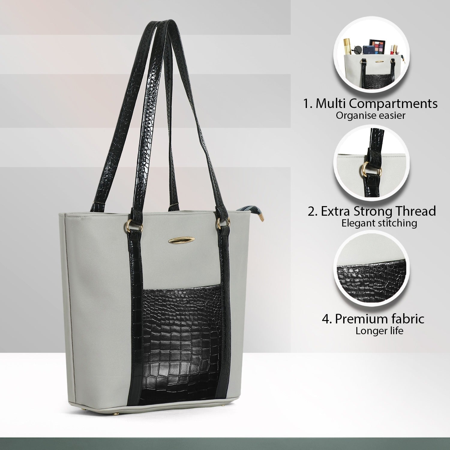 Classicove Grey & Black Tote Bag with Multi-Compartments for Women Desi Hands