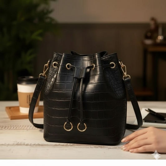 ClassiCove Luxe Croc Black Bucket Sling Bag for Women – Premium PU Leather, Stylish Shoulder Handbag for Office, College & Daily Use Desi Hands