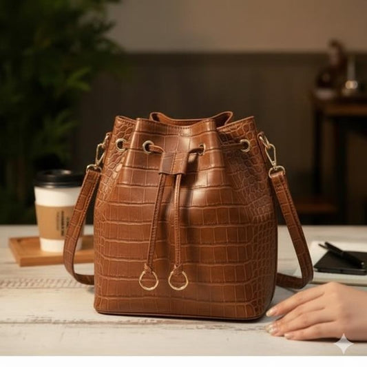 ClassiCove Luxe Croc Bucket Sling Bag for Women – Premium PU Leather, Stylish Shoulder Handbag for Office, College & Daily Use Desi Hands