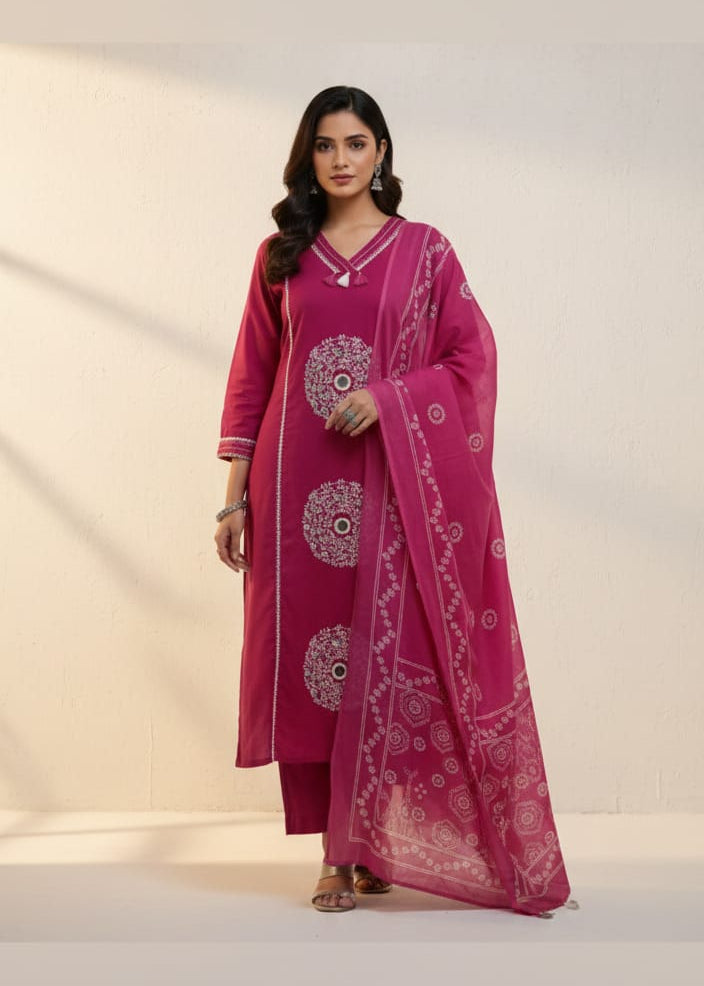 ClassiCove Pink Cotton Mirror Work Block Print Kurta Pant Dupatta Set Desi Hands