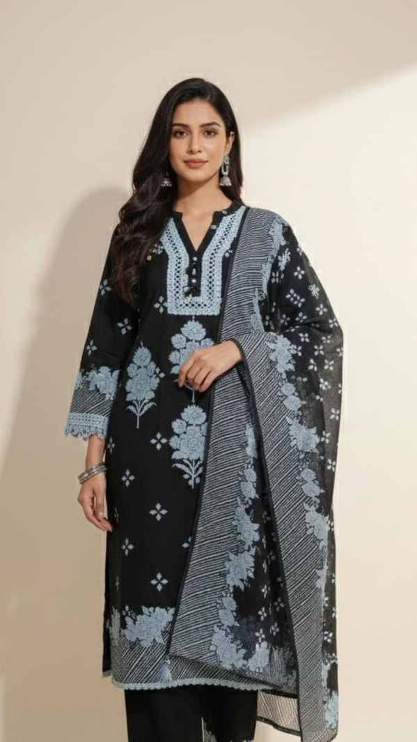 Classicove Midnight Black Cotton Suit with Blue Lace, Shell Work & Block Printed Farshi Salwar Desi Hands