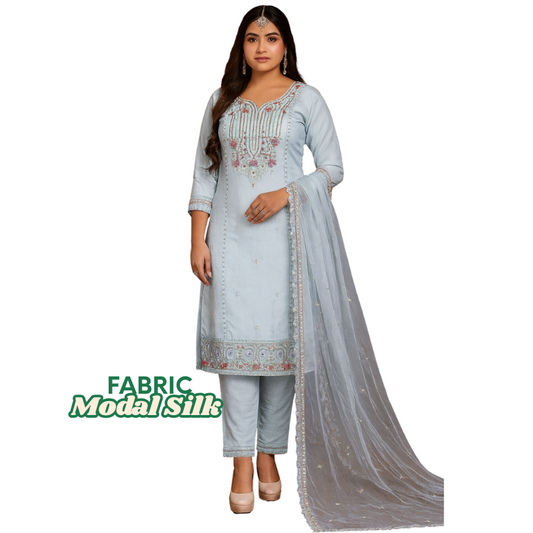 Elegant Sky Blue Embroidered Suit with Soft Lining by ClassiCove™ Desi Hands
