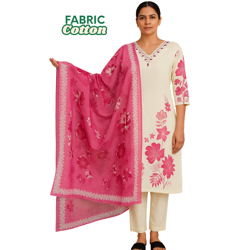 "Elegant Cotton Floral Kurta Set with Embroidered Neck & Printed Dupatta – Cream & Pink" Desi Hands