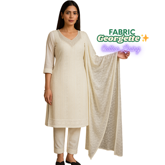 Classicove™ Ivory Pure Cotton Vichitra Suit Set – Exclusive at Desi Hands Desi Hands