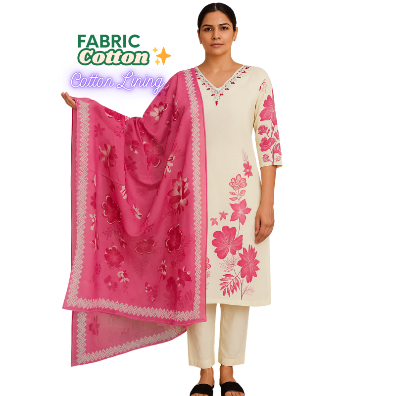"Elegant Cotton Floral Kurta Set with Embroidered Neck & Printed Dupatta – Cream & Pink"
