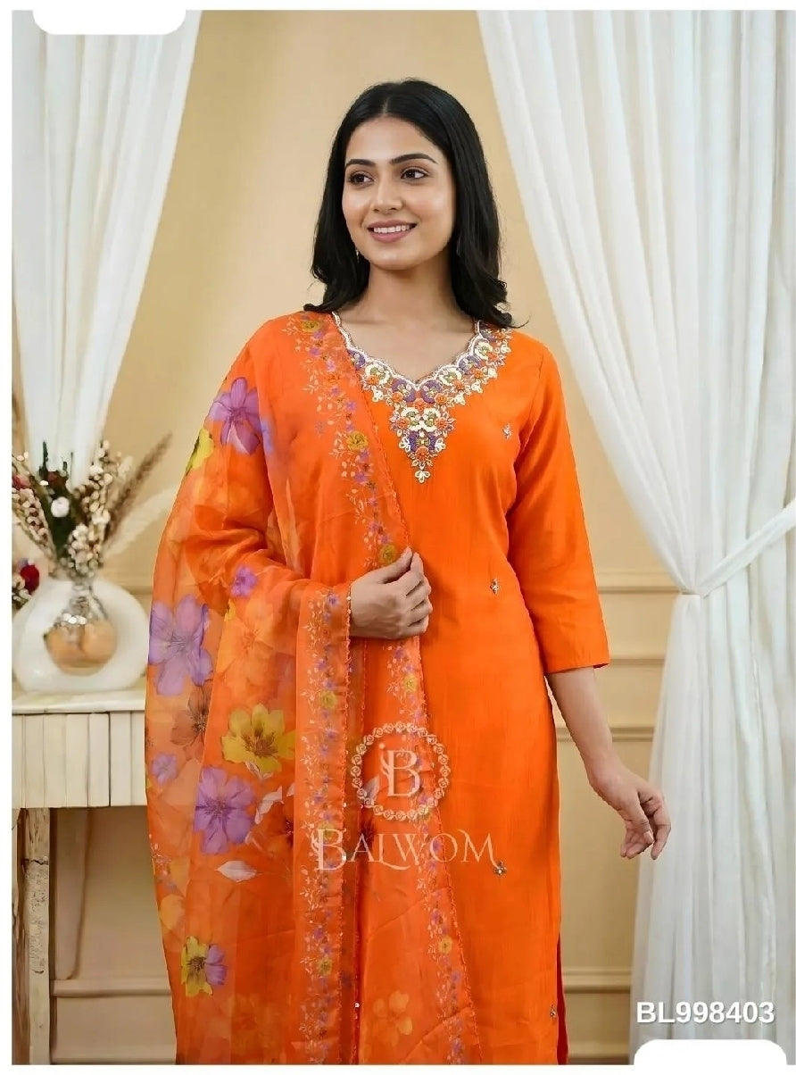 Classicove Tangerine Orange Cotton Straight Suit with Hand-Embroidered V-Neck & Floral Malcotton Dupatta Desi Hands