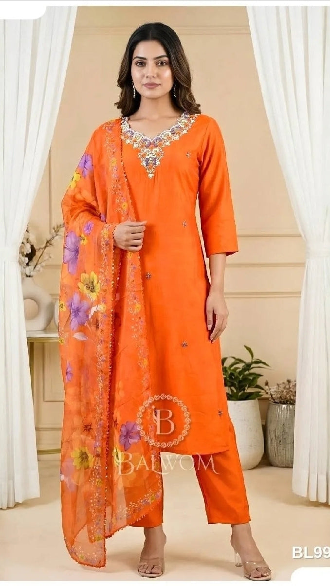 Classicove Tangerine Orange Cotton Straight Suit with Hand-Embroidered V-Neck & Floral Malcotton Dupatta Desi Hands