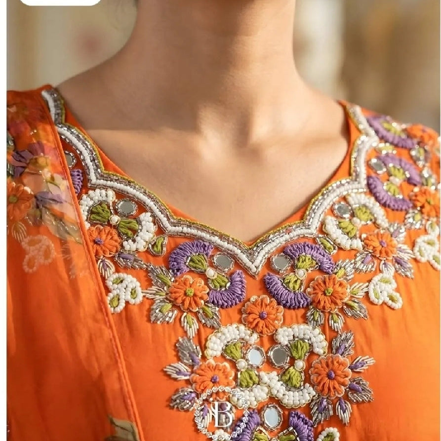 Classicove Tangerine Orange Cotton Straight Suit with Hand-Embroidered V-Neck & Floral Malcotton Dupatta Desi Hands