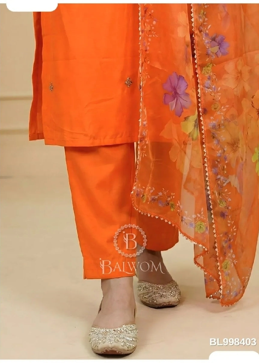Classicove Tangerine Orange Cotton Straight Suit with Hand-Embroidered V-Neck & Floral Malcotton Dupatta Desi Hands