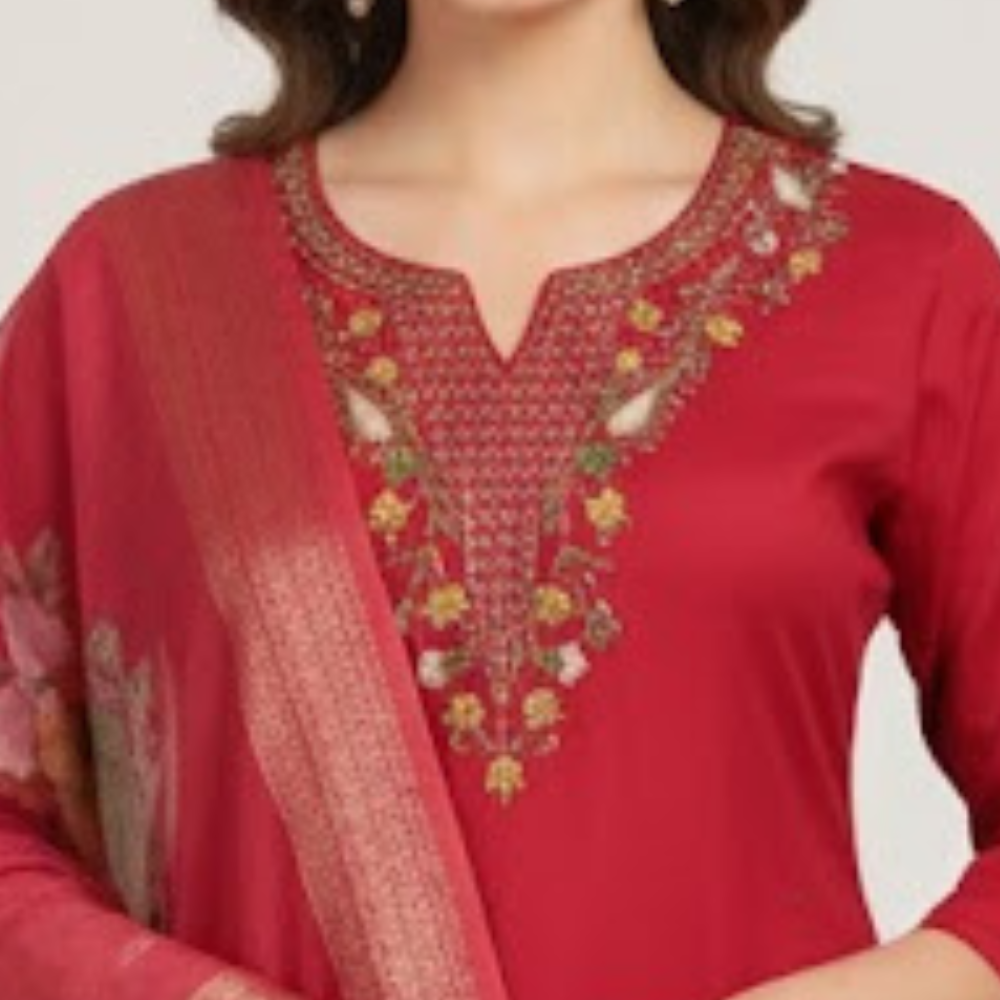ClassiCove™ Women Garnet Red Roman Silk Handcrafted Knot-Work Kurta Set with Digital Print Silk Dupatt Desi Hands